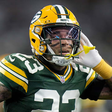 Green Bay Packers cornerback Jaire Alexander reacts after intercepting a pass against the Dallas Cowboys in the playoffs.