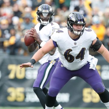 Dec 11, 2022; Pittsburgh, Pennsylvania, USA;  Baltimore Ravens center Tyler Linderbaum (64) in pass protection at the line of scrimmage against the Pittsburgh Steelers during the second quarter at Acrisure Stadium. Mandatory Credit: Charles LeClaire-USA TODAY Sports