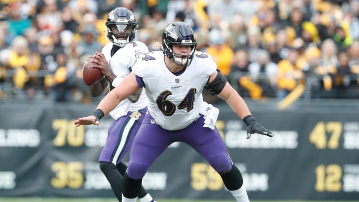 Dec 11, 2022; Pittsburgh, Pennsylvania, USA;  Baltimore Ravens center Tyler Linderbaum (64) in pass protection at the line of scrimmage against the Pittsburgh Steelers during the second quarter at Acrisure Stadium. Mandatory Credit: Charles LeClaire-USA TODAY Sports