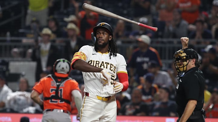 Jun 5, 2025; Pittsburgh, Pennsylvania, USA;  Pittsburgh Pirates center fielder Oneil Cruz (15) reacts after striking out with two men on against the Houston Astros during the seventh inning at PNC Park. Mandatory Credit: Charles LeClaire-Imagn Images