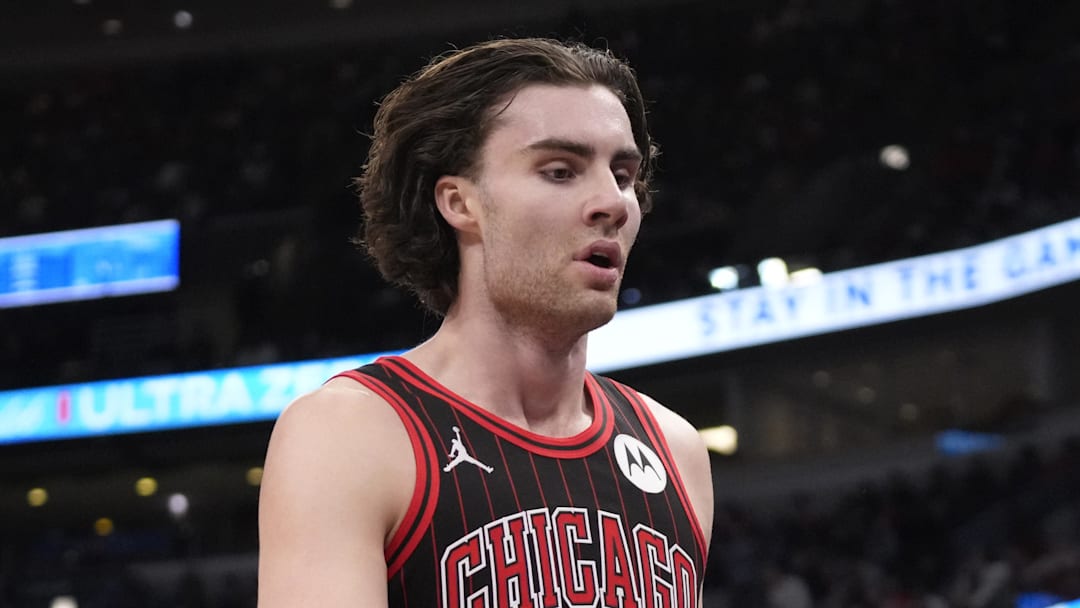 Dec 27, 2025; Chicago, Illinois, USA; Chicago Bulls guard Josh Giddey (3) is greeted as he comes to the bench in the game against the Milwaukee Bucks during the second half at United Center. Mandatory Credit: David Banks-Imagn Images