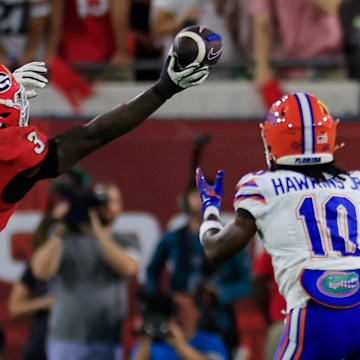 Georgia Bulldogs linebacker CJ Allen (3) breaks up a pass intended for Florida Gators wide receiver Tank Hawkins (10) during the fourth quarter of an NCAA college football matchup Saturday, Nov. 2, 2024 at EverBank Stadium in Jacksonville, Fla. The Georgia Bulldogs defeated the Florida Gators 34-20. [Corey Perrine/Florida Times-Union]