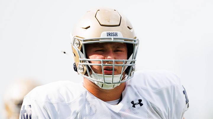 Notre Dame offensive lineman Billy Schrauth participates in a drill during a Notre Dame football practice at Irish Athletic Center on Tuesday, Aug. 6, 2024, in South Bend.