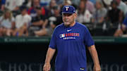 Aug 13, 2025; Arlington, Texas, USA; Texas Rangers manager Bruce Bochy (15) walks to the mound to make pitching change during the eighth inning against the Arizona Diamondbacks at Globe Life Field. 