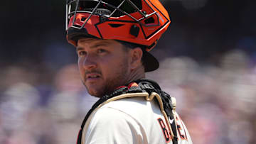 Jul 12, 2025; San Francisco, California, USA; San Francisco Giants catcher Patrick Bailey (14) during the second inning against the Los Angeles Dodgers at Oracle Park.