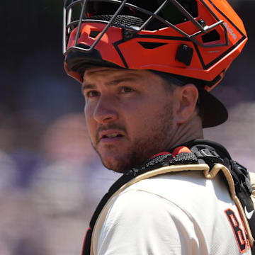Jul 12, 2025; San Francisco, California, USA; San Francisco Giants catcher Patrick Bailey (14) during the second inning against the Los Angeles Dodgers at Oracle Park.