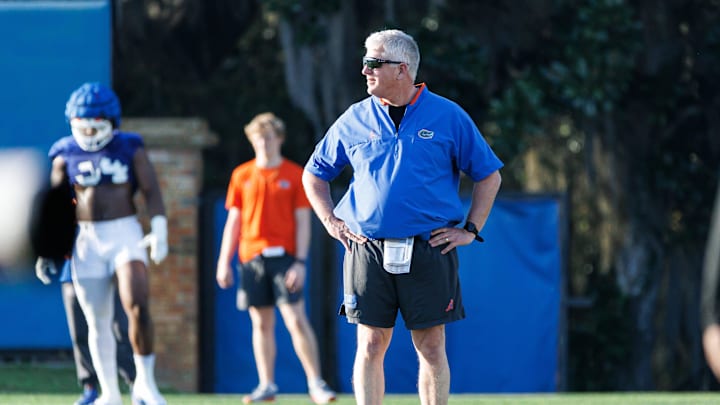 Florida Gators executive head coach Ron Roberts looks on during spring football practice at Heavener Football Complex at the University of Florida in Gainesville, FL on Thursday, March 6, 2025. [Matt Pendleton/Gainesville Sun]