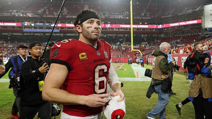 Jan 3, 2026; Tampa, Florida, USA; Tampa Bay Buccaneers quarterback Baker Mayfield (6) leaves the field after defeating the Carolina Panthers at Raymond James Stadium. Mandatory Credit: Nathan Ray Seebeck-Imagn Images