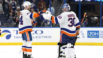 Dec 6, 2025; Tampa, Florida, USA;New York Islanders defenseman Scott Mayfield (24) and goaltender Ilya Sorokin (30) celebrate after they beat the Tampa Bay Lightning at Benchmark International Arena. Mandatory Credit: Kim Klement Neitzel-Imagn Images