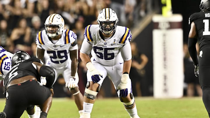 Oct 26, 2024; College Station, Texas, USA; LSU Tigers offensive tackle Will Campbell (66) lines up during the second half against the Texas A&M Aggies. The Aggies defeated the Tigers 38-23; at Kyle Field. Mandatory Credit: Maria Lysaker-Imagn Images. Oct 26, 2024; College Station, Texas, USA; LSU Tigers offensive tackle Will Campbell (66) lines up during the second half against the Texas A&M Aggies. The Aggies defeated the Tigers 38-23; at Kyle Field. Mandatory Credit: Maria Lysaker-Imagn Images.