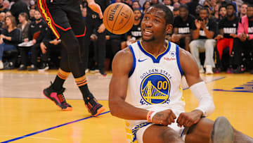 Jan 24, 2024; San Francisco, California, USA; Golden State Warriors forward Jonathan Kuminga (00) reacts after a play against the Atlanta Hawks during the third quarter at Chase Center. Mandatory Credit: Kelley L Cox-Imagn Images