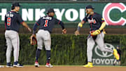 Sep 3, 2025; Chicago, Illinois, USA; The Atlanta Braves celebrate their win against the Chicago Cubs at Wrigley Field. Mandatory Credit: David Banks-Imagn Images