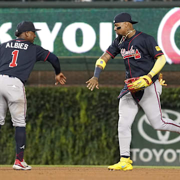 Sep 3, 2025; Chicago, Illinois, USA; The Atlanta Braves celebrate their win against the Chicago Cubs at Wrigley Field. Mandatory Credit: David Banks-Imagn Images
