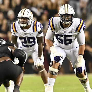 Oct 26, 2024; College Station, Texas, USA; LSU Tigers offensive tackle Will Campbell (66) lines up during the second half against the Texas A&M Aggies. The Aggies defeated the Tigers 38-23; at Kyle Field.    