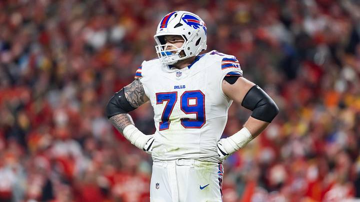 Jan 26, 2025; Kansas City, MO, USA; Buffalo Bills offensive tackle Spencer Brown (79) against the Kansas City Chiefs during the AFC Championship Game