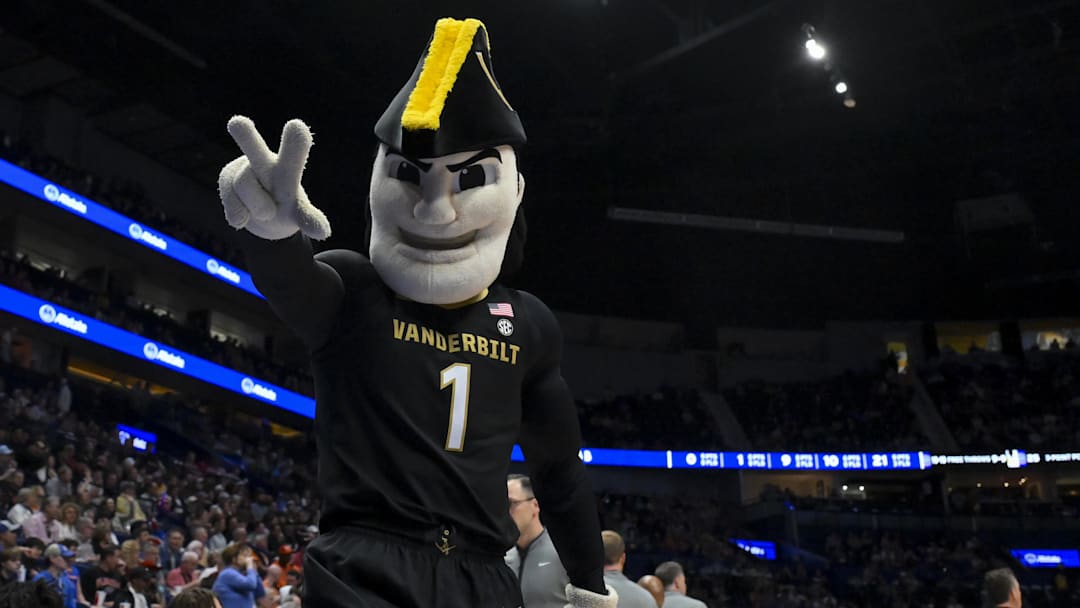 Mar 14, 2026; Nashville, TN, USA;  Vanderbilt Commodores mascot Mr C against the Florida Gators during the second half at Bridgestone Arena. Mandatory Credit: Steve Roberts-Imagn Images