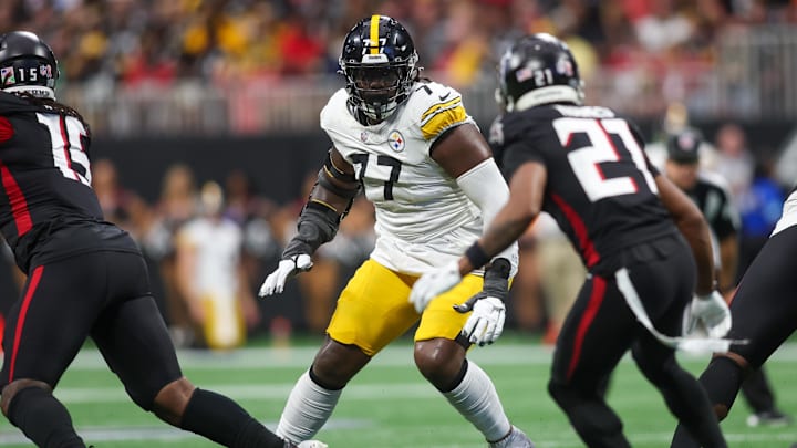 Sep 8, 2024; Atlanta, Georgia, USA; Pittsburgh Steelers offensive tackle Broderick Jones (77) blocks against the Atlanta Falcons in the fourth quarter at Mercedes-Benz Stadium. Mandatory Credit: Brett Davis-Imagn Images