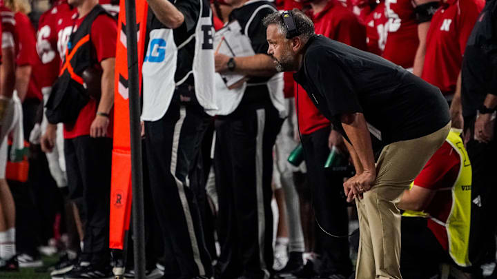 Sep 16, 2023; Lincoln, Nebraska, USA; Nebraska Cornhuskers head coach Matt Rhule during the fourth quarter against the Northern Illinois Huskies at Memorial Stadium. Mandatory Credit: Dylan Widger-Imagn Images