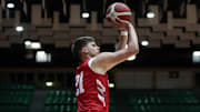 Indiana basketball freshman guard Aleksa Ristic attempts a jumper Aug. 6, 2025, in Puerto Rico. The Hoosiers won 98-47.