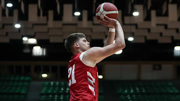 Indiana basketball freshman guard Aleksa Ristic attempts a jumper Aug. 6, 2025, in Puerto Rico. The Hoosiers won 98-47.