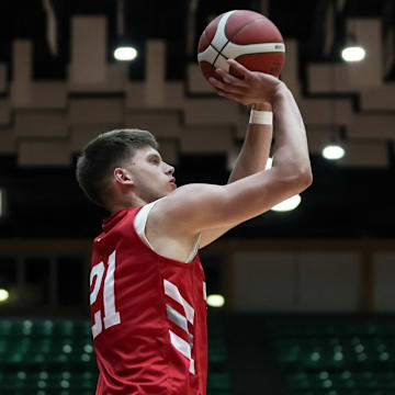 Indiana basketball freshman guard Aleksa Ristic attempts a jumper Aug. 6, 2025, in Puerto Rico. The Hoosiers won 98-47.