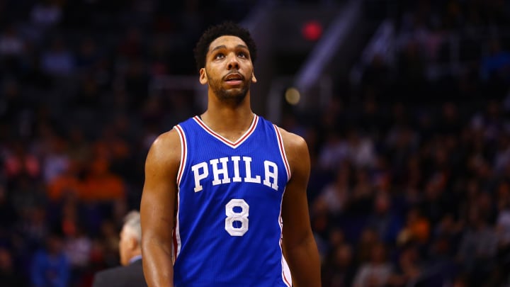 Dec 23, 2016; Phoenix, AZ, USA; Philadelphia 76ers center Jahlil Okafor (8) against the Phoenix Suns at Talking Stick Resort Arena. The Suns defeated the 76ers 123-116. Mandatory Credit: Mark J. Rebilas-USA TODAY Sports