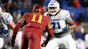 Dec 29, 2023; Memphis, TN, USA; Memphis Tigers offensive linemen Xavier Hill (71) blocks during the second half against the Iowa State Cyclones at Simmons Bank Liberty Stadium. Mandatory Credit: Petre Thomas-Imagn Images