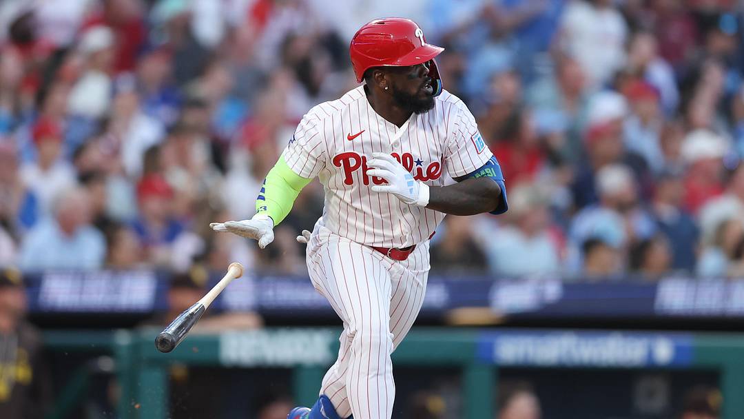 Jun 3, 2026; Philadelphia, Pennsylvania, USA; Philadelphia Phillies right fielder Adolis Garcia (53) hits an RBI double against the San Diego Padres during the fifth inning at Citizens Bank Park. Mandatory Credit: Bill Streicher-Imagn Images
