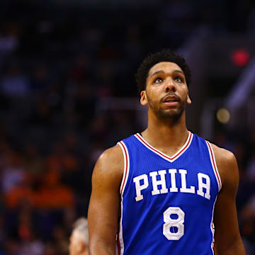 Dec 23, 2016; Phoenix, AZ, USA; Philadelphia 76ers center Jahlil Okafor (8) against the Phoenix Suns at Talking Stick Resort Arena. The Suns defeated the 76ers 123-116. Mandatory Credit: Mark J. Rebilas-Imagn Images