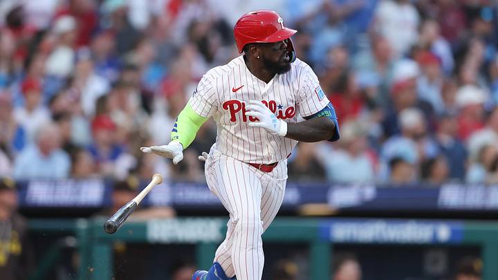Jun 3, 2026; Philadelphia, Pennsylvania, USA; Philadelphia Phillies right fielder Adolis Garcia (53) hits an RBI double against the San Diego Padres during the fifth inning at Citizens Bank Park. Mandatory Credit: Bill Streicher-Imagn Images
