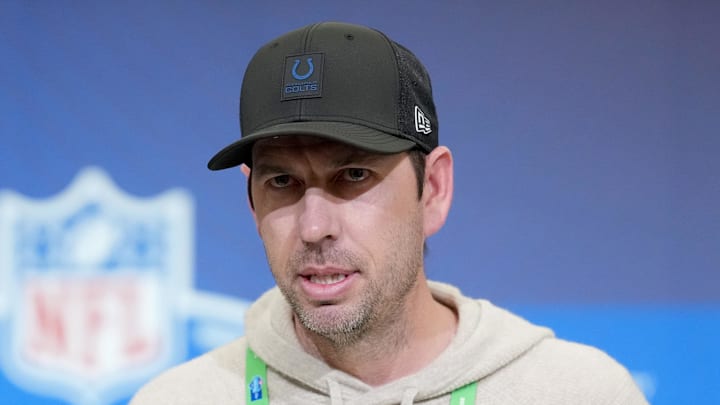 Indianapolis Colts coach Shane Steichen speaks at the NFL Scouting Combine