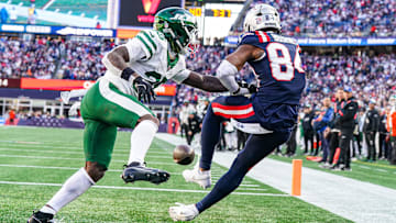 Oct 27, 2024; Foxborough, Massachusetts, USA; New York Jets safety Jalen Mills (35) defends against New England Patriots wide receiver Kendrick Bourne (84) in the second half at Gillette Stadium. Mandatory Credit: David Butler II-Imagn Images