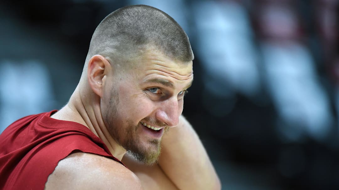 Apr 18, 2026; Denver, Colorado, USA; Denver Nuggets center Nikola Jokic (15) warms up before the game against the Minnesota Timberwolves. Mandatory Credit: Christopher Hanewinckel-Imagn Images
