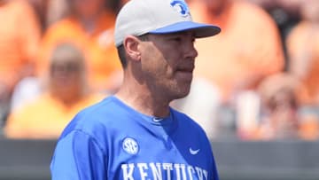 Kentucky baseball coach Nick Mingione during the NCAA college baseball game against Tennessee on April 20, 2025, in Knoxville, Tenn.