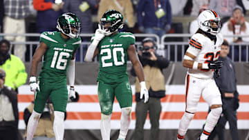 Dec 28, 2023; Cleveland, Ohio, USA; New York Jets running back Breece Hall (20) gestures toward the