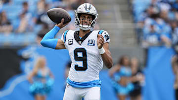 Sep 15, 2024; Charlotte, North Carolina, USA;  Carolina Panthers quarterback Bryce Young (9) throws against the Los Angeles Chargers during the second half at Bank of America Stadium. Mandatory Credit: Jim Dedmon-Imagn Images