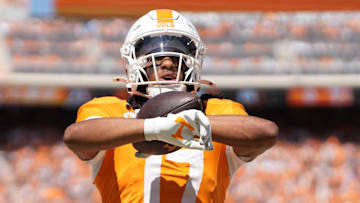 Tennessee wide receiver Chris Brazzell II (17) celebrates after scoring a touchdown against UAB in an NCAA college football game on September 20, 2025, in Knoxville, Tennessee.