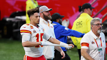Feb 9, 2025; New Orleans, LA, USA; Kansas City Chiefs quarterback Patrick Mahomes (15) walks off the field after losing against the Philadelphia Eagles in Super Bowl LIX at Caesars Superdome. Mandatory Credit: Bill Streicher-Imagn Images