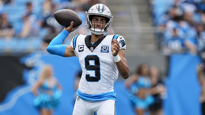 Sep 15, 2024; Charlotte, North Carolina, USA;  Carolina Panthers quarterback Bryce Young (9) throws against the Los Angeles Chargers during the second half at Bank of America Stadium.  