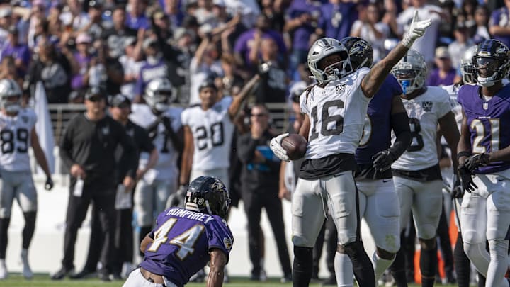 Sep 15, 2024; Baltimore, Maryland, USA;  Las Vegas Raiders wide receiver Jakobi Meyers (16) reacts afgtetr making a first down during the second half against the Baltimore Ravens at M&T Bank Stadium. Mandatory Credit: Tommy Gilligan-Imagn Images