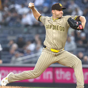 May 6, 2025; Bronx, New York, USA;  San Diego Padres starting pitcher Michael King (34) pitches in the first inning against the New York Yankees at Yankee Stadium. Mandatory Credit: Wendell Cruz-Imagn Images