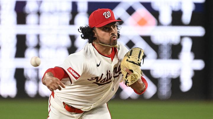 Jul 7, 2026; Washington, District of Columbia, USA; Washington Nationals pitcher Justin Lawrence (44) throws a pitch against the Houston Astros during the sixth inning at Nationals Park. Mandatory Credit: Rafael Suanes-Imagn Images