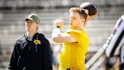 Apr 26, 2025; Iowa City, IA, USA; Iowa quarterback Mark Gronowski (11) throws during a spring NCAA football open practice at Kinnick Stadium. Mandatory Credit: Joseph Cress-The Des Moines Register