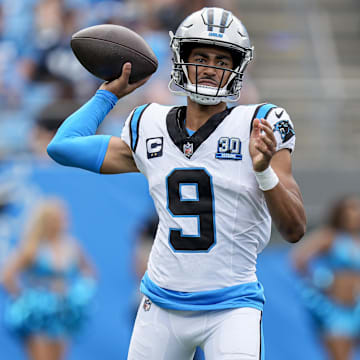 Sep 15, 2024; Charlotte, North Carolina, USA;  Carolina Panthers quarterback Bryce Young (9) throws against the Los Angeles Chargers during the second half at Bank of America Stadium.