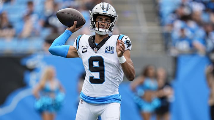 Sep 15, 2024; Charlotte, North Carolina, USA;  Carolina Panthers quarterback Bryce Young (9) throws against the Los Angeles Chargers during the second half at Bank of America Stadium.