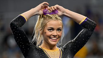 LSU Tigers gymnast Olivia Dunne warms up on floor during the 2024 NCAA Women's National Gymnastics Semifinals at Dickies Arena. 