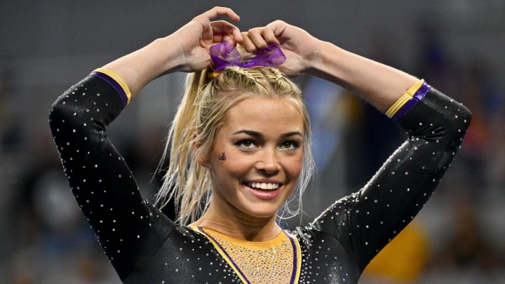 LSU Tigers gymnast Olivia Dunne warms up on floor during the 2024 NCAA Women's National Gymnastics Semifinals at Dickies Arena.