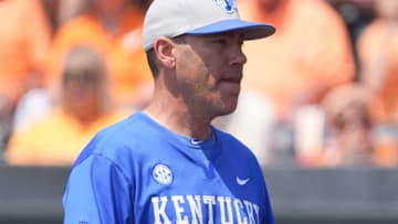 Kentucky baseball coach Nick Mingione during the NCAA college baseball game against Tennessee on April 20, 2025, in Knoxville, Tenn.