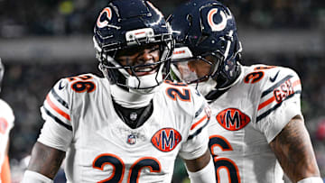 Nov 28, 2025; Philadelphia, Pennsylvania, USA; Chicago Bears cornerback Nahshon Wright (26) celebrates after recovering a fumble against the Philadelphia Eagles during the third quarter of the game at Lincoln Financial Field.