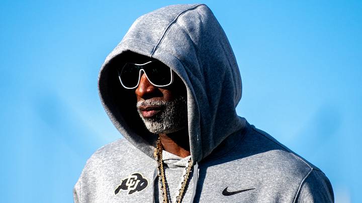 CU football head coach Deion Sanders, or Coach Prime, watches his team warm up before the game against CSU in the Rocky Mountain Showdown at Canvas Stadium on Saturday, Sept. 14, 2024, in Fort Collins, Colo.